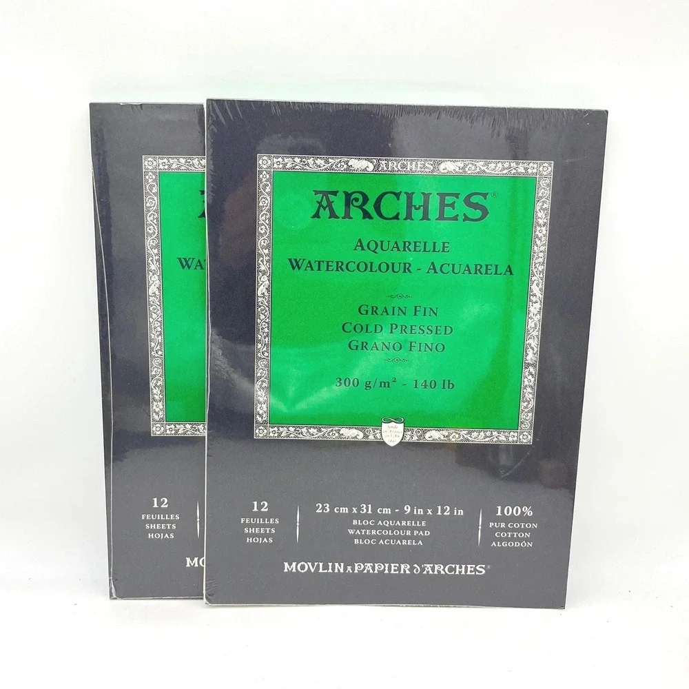 Arches Watercolor Pad 9x12 140lb Cold Press 100% Cotton 2 Pack 12 Sheets - Picture 1 of 3